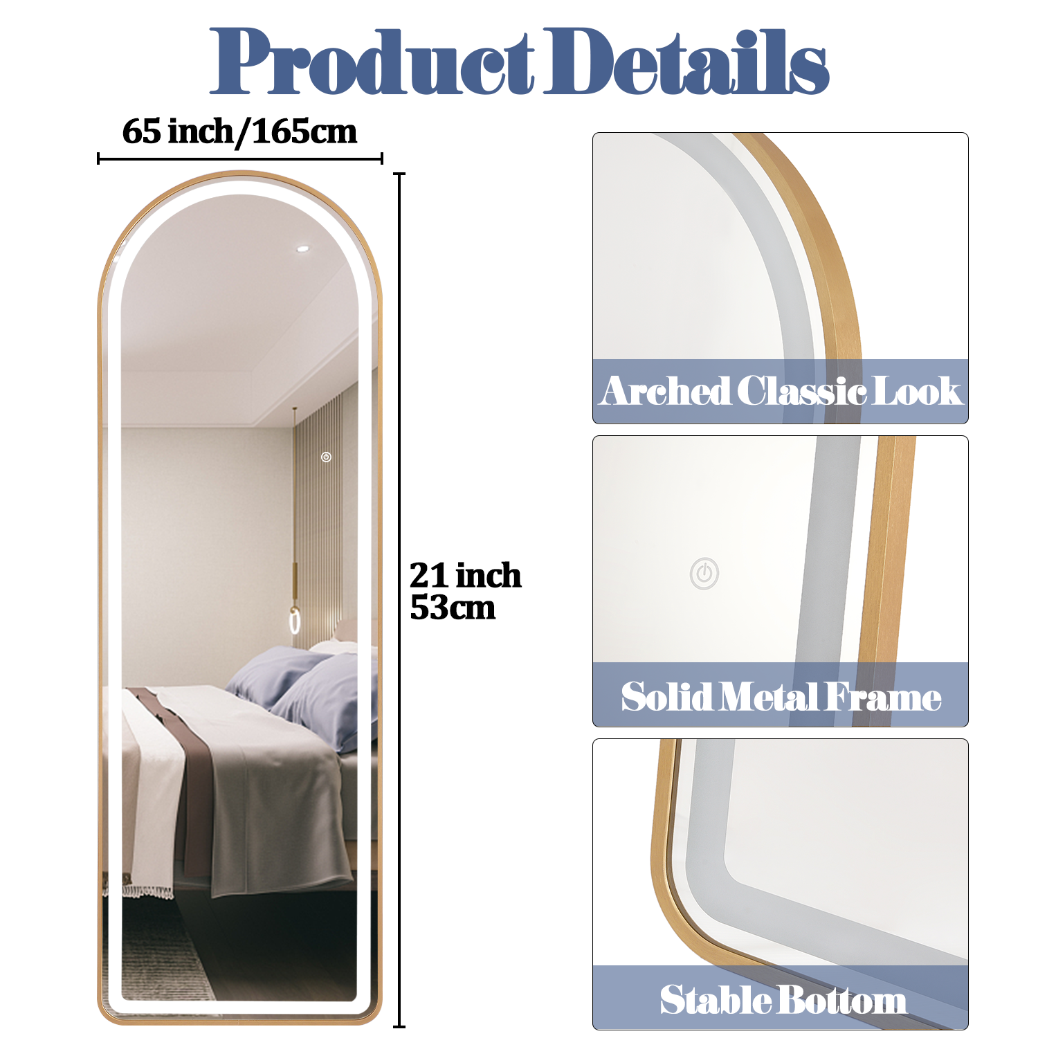 LED Full Length Mirror With Lights Arched Aluminum Adjustable Lighting High Visibility