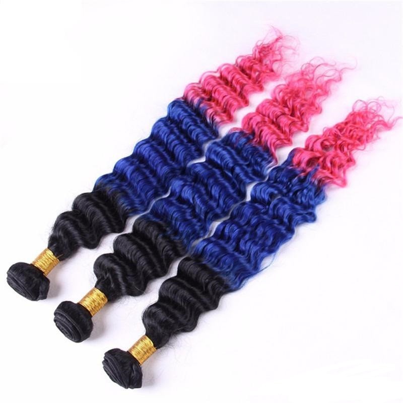 #T1B/Blue/Pink Deep Wave Remy Human Hair Bundles Sew In Weave Bundles Brazilian Bundle Deals