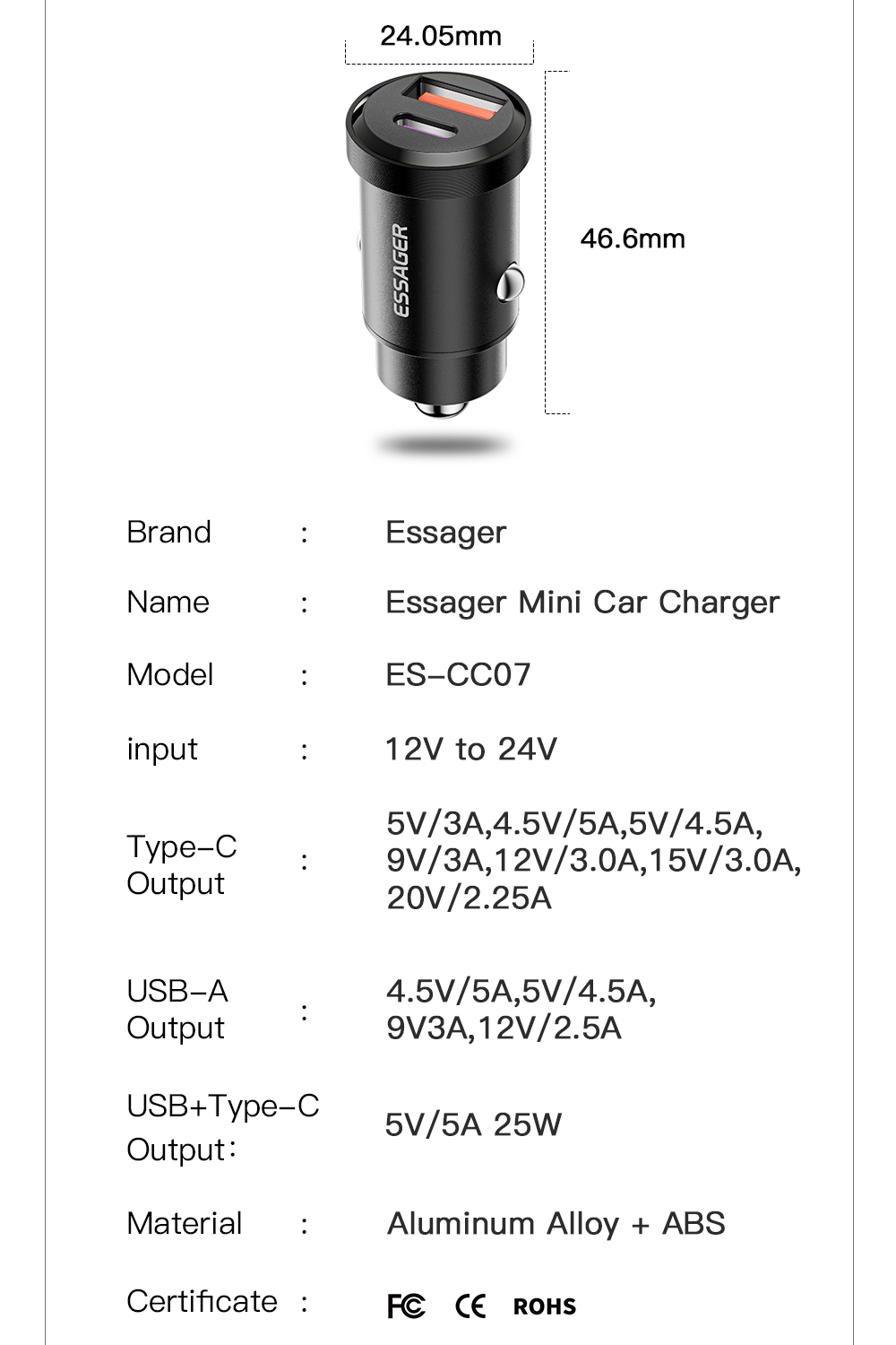Essager 2022 Gyroscope New Type-c + USB-A USB QC3.0 30W 45W Mini Car Charger