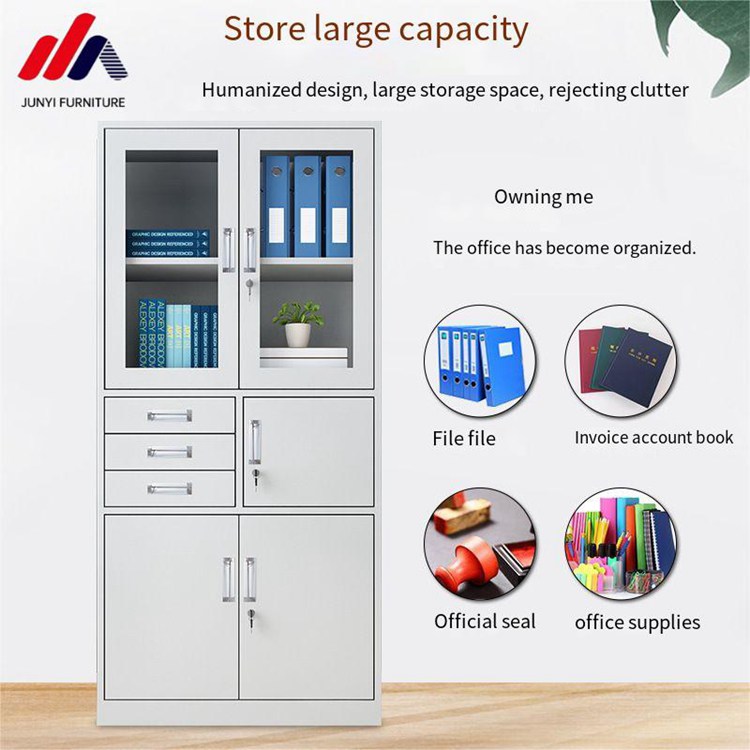 Easy Assembling Office Cabinets with Locks and Glass Doors Heavy Duty Metal Construction