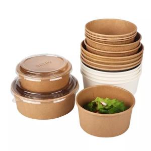 Quality PE Lined Disposable 850ml Kraft Paper Salad Bowl Compostable To Go Food Container Salad Packaging Hot Food Containers wholesale