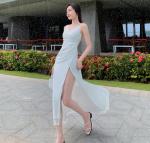 White Split Suspender Long Womens Vacation Dresses Sexy Halter Low Cut V Neck