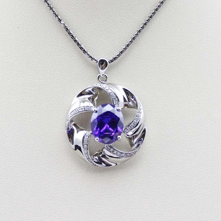 Women Jewelry 925 Silver 8mmx10mm Oval Blue Topaz Cubic Zirconia Charm Pendant Necklace (P15)