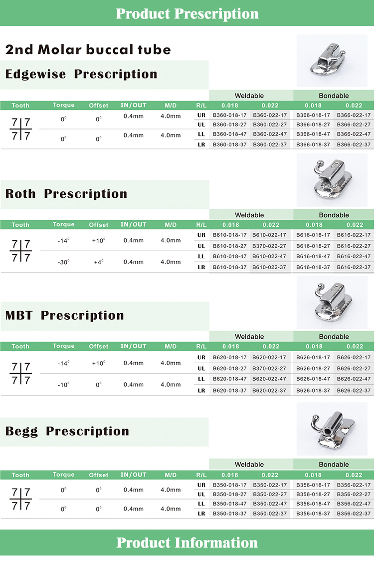 2nd Molar ROTH / MBT Orthodontic Materials Buccal Tubes 0.022" / 0.018"