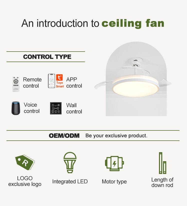 Retractable Blades and Light 42 Inch White Fancy LED Ceiling Fan Metal Acrylic Material 2-