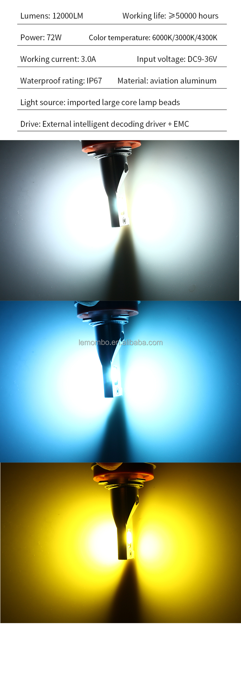 Car head light LED H11 Three-color LED headlights automotive headlamp foglight 12-36V A modified lamp
