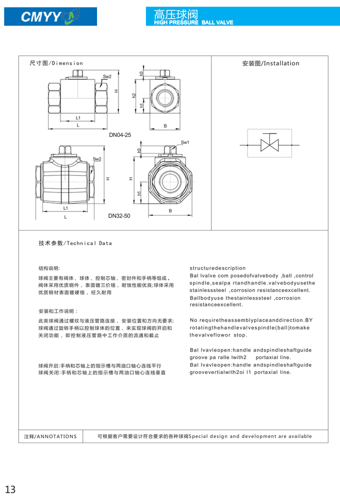 315 Bar High Pressure Hydraulic Ball Valve Two Way Two Position Straight Type