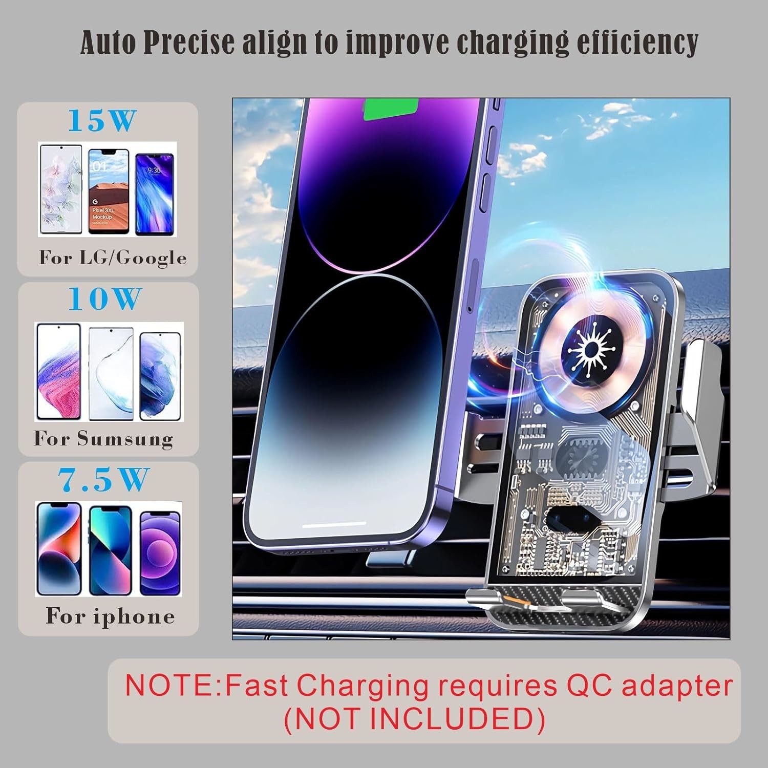Tempered Glass Wireless Fast Charger Smart Mobile Phone Stand Car Mounted