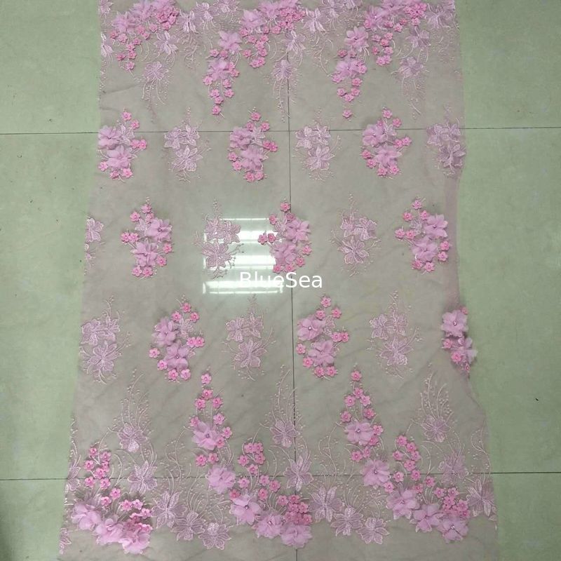 Polyester 3D flower embroidered Lace fabric with bead for women garments
