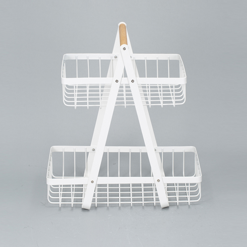 Countertop Wood Handle Iron 2 Tier Wire Fruit Basket For Kitchen Organization