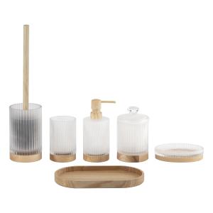 Quality Frosted Glass Bathroom Shower Accessories Set Lotion Pump Containers Natural Wooden Parts wholesale