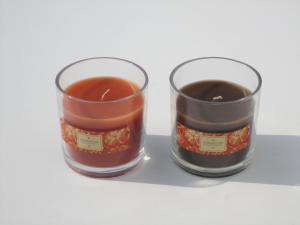 Quality Orange &amp; brown scented glass jar candle with printed label packed into gift box wholesale