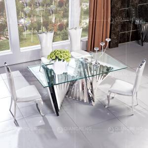 Quality Rectangular 70 inch Minimalist Glass Dining Table Curve Polished Chrome SS Frame wholesale