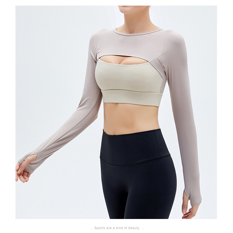 Two Piece Ladies Yoga Tops Long Sleeve Hollow Out Running Crop Top With Bra