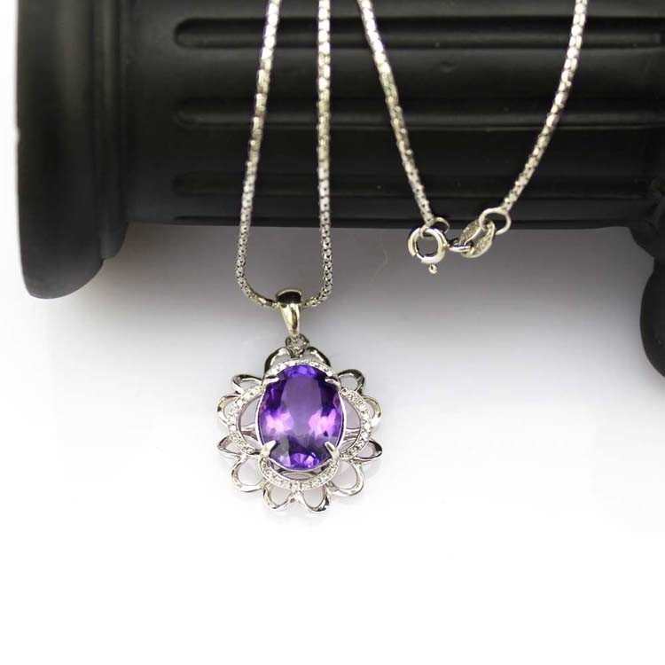 Silver Chain Necklace 10mm x14mm Oval Amethyst Cubic Zircon Pendant (PSJ0173 )