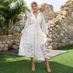 Maxi Ladies Lace Dresses Lace Up Shirt Dress Contrast Guipure Lantern Puff