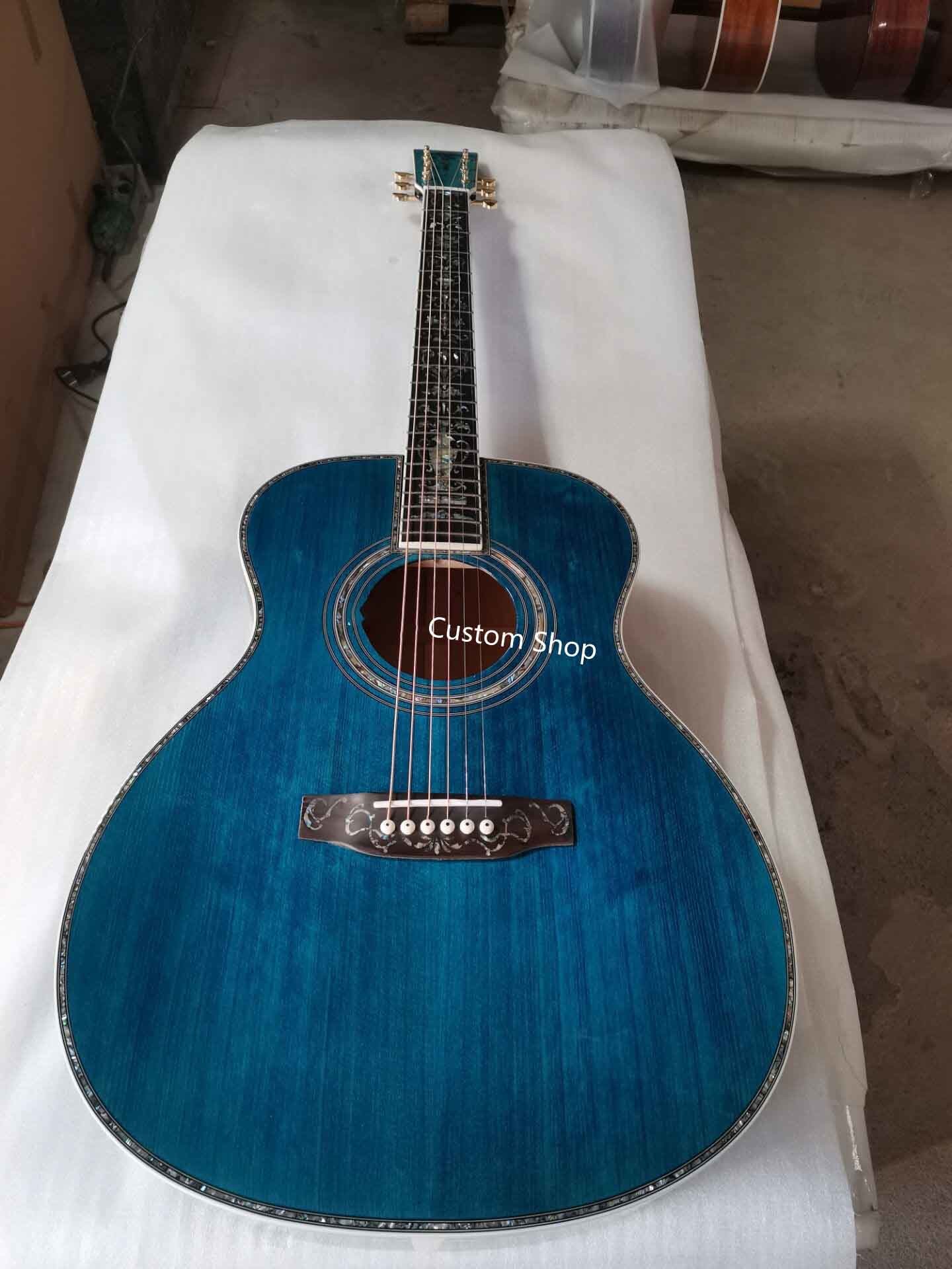 Custom 14 Frets Scalloped X Shaped Bracing OM Water Wave Top Full Abalone OM45 Blue Quilted Figured Maple Acoust