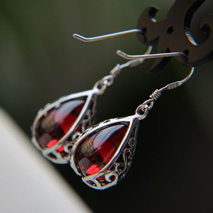 Thai Vintage Sterling Silver Drop Created Garnet Dangle Earrings (E12038)