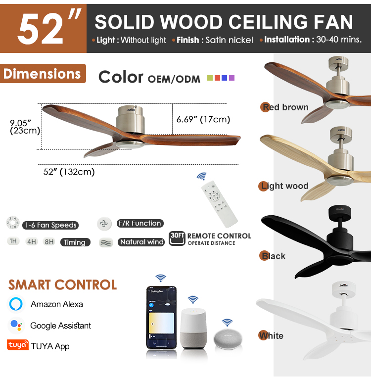 Modern 52" Low Profile DC Adjustable Wind Flush Mounted Ceiling Fan with Wood Blades