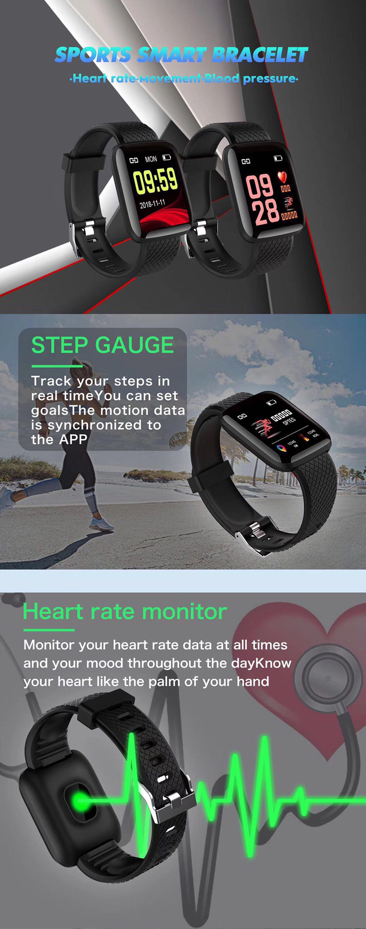 116 Plus Heart Rate Smartwatch 160mAh Blood Pressure Oxygen Sport Smartwatch Gym Workout