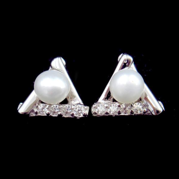 Triangel Shape Silver Pearl Earrings / Real Natural Freshwater Pearl Earrings