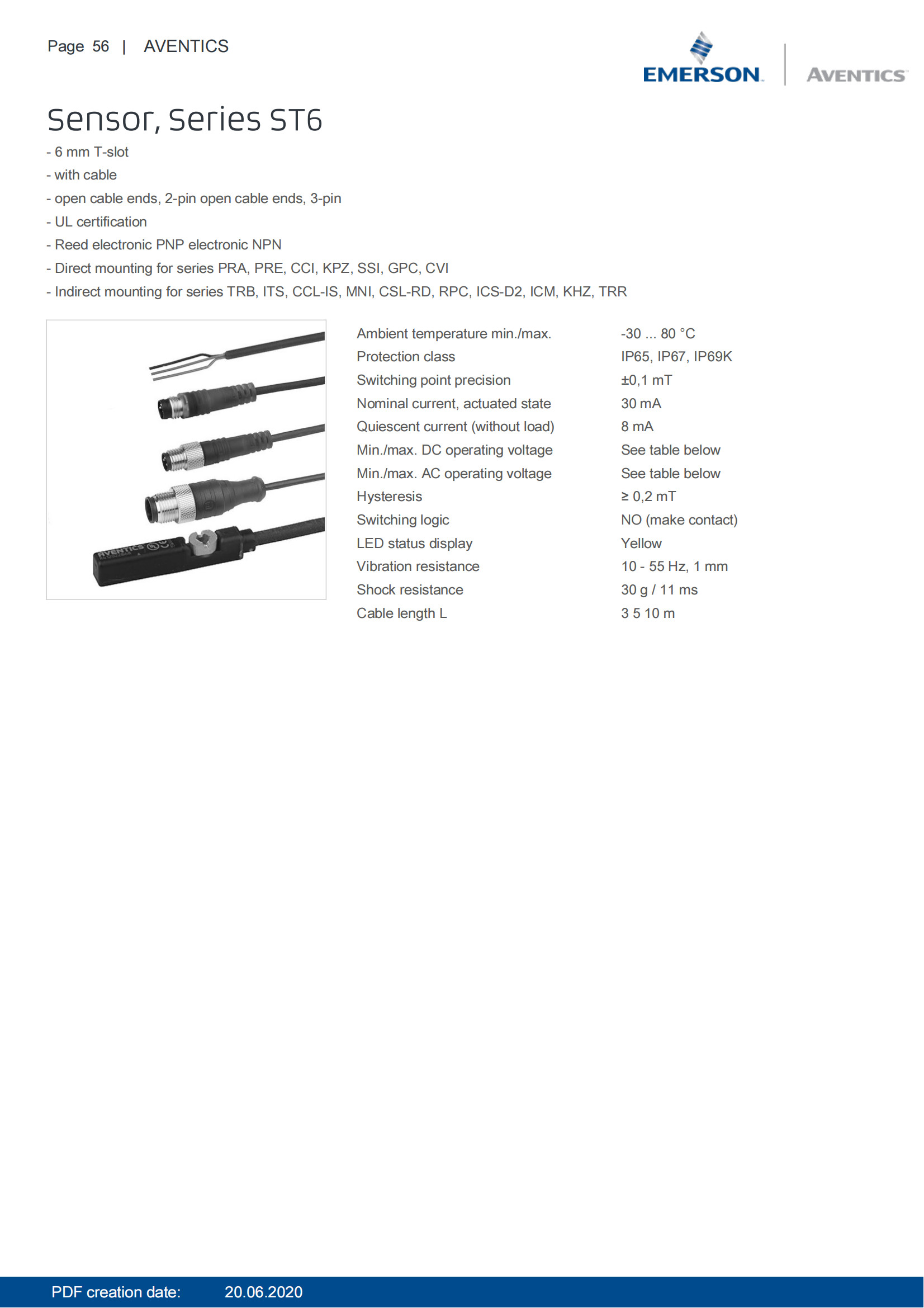 Industrial AVENTICS Series ST6 Sensors With Cable 6mm T-Slot UL Certification