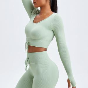 Quality Ribbed Women's 2 Piece Workout Set Scrunch Butt Leggings With Crop Top wholesale
