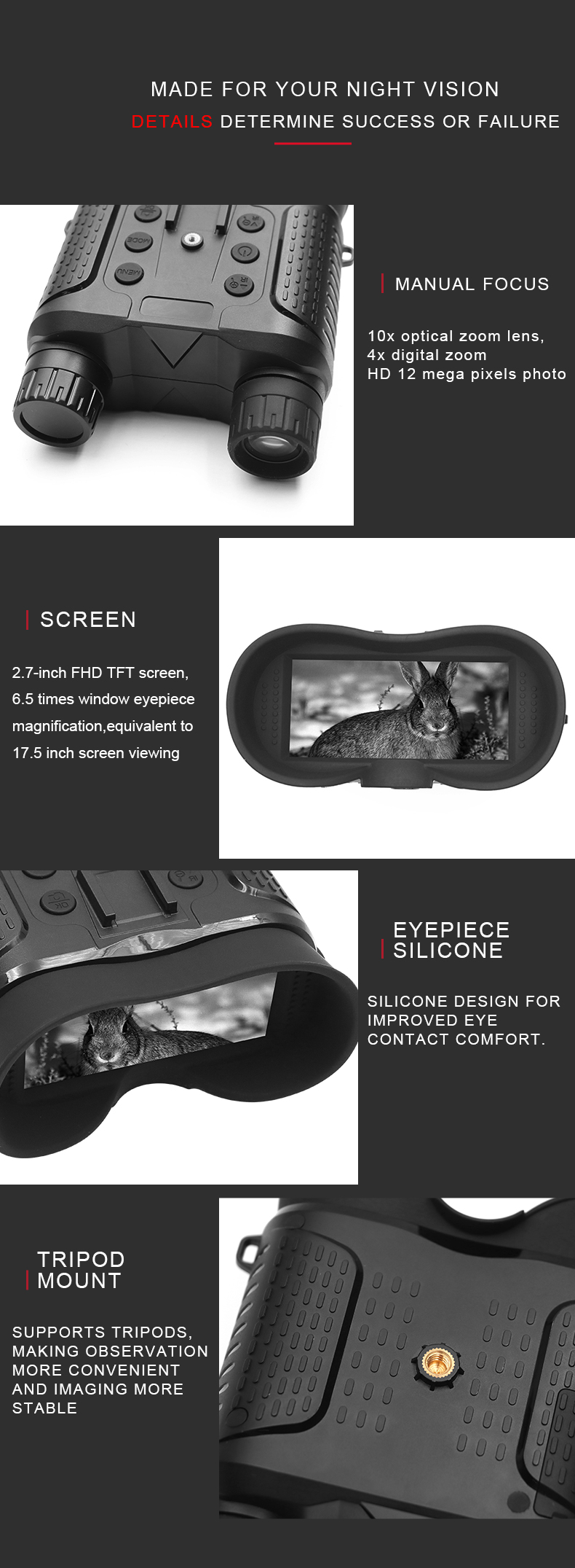 8X Digital Zoom Hands Free Tactical 1080P HD Digital Infrared Night Vision Binoculars