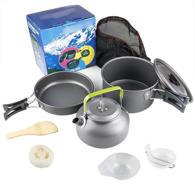 Outdoor Non Stick Camping Cookware Mess Kit Aluminum Picnic Cooking Pot Set