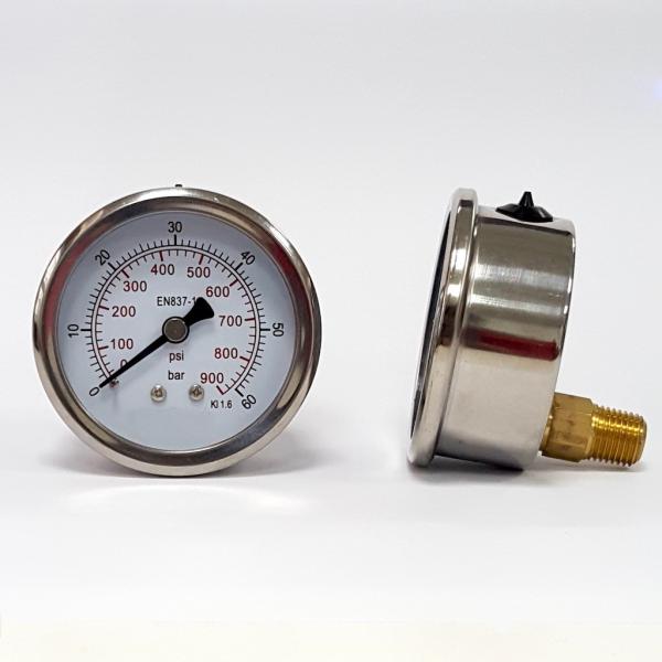 63mm Liquid Filled Pressure Gauge Dual Scale Brass Wetted Parts Manometer 60 Bar