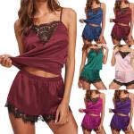 Sexy Black Lace Lingerie Bra Satin Sleepwear Cami Top And Shorts Pajama Set