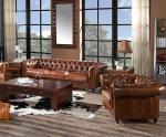 Vintage Chesterfield Genuine Cow Leather Sectional Sofa Ottoman