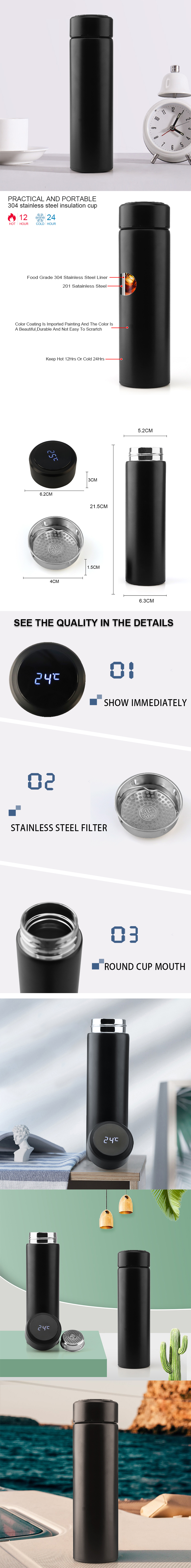 500ml Black Double Wall Insulated Custom Vacuum Smart Thermos Water Bottle with LED Temperature Display