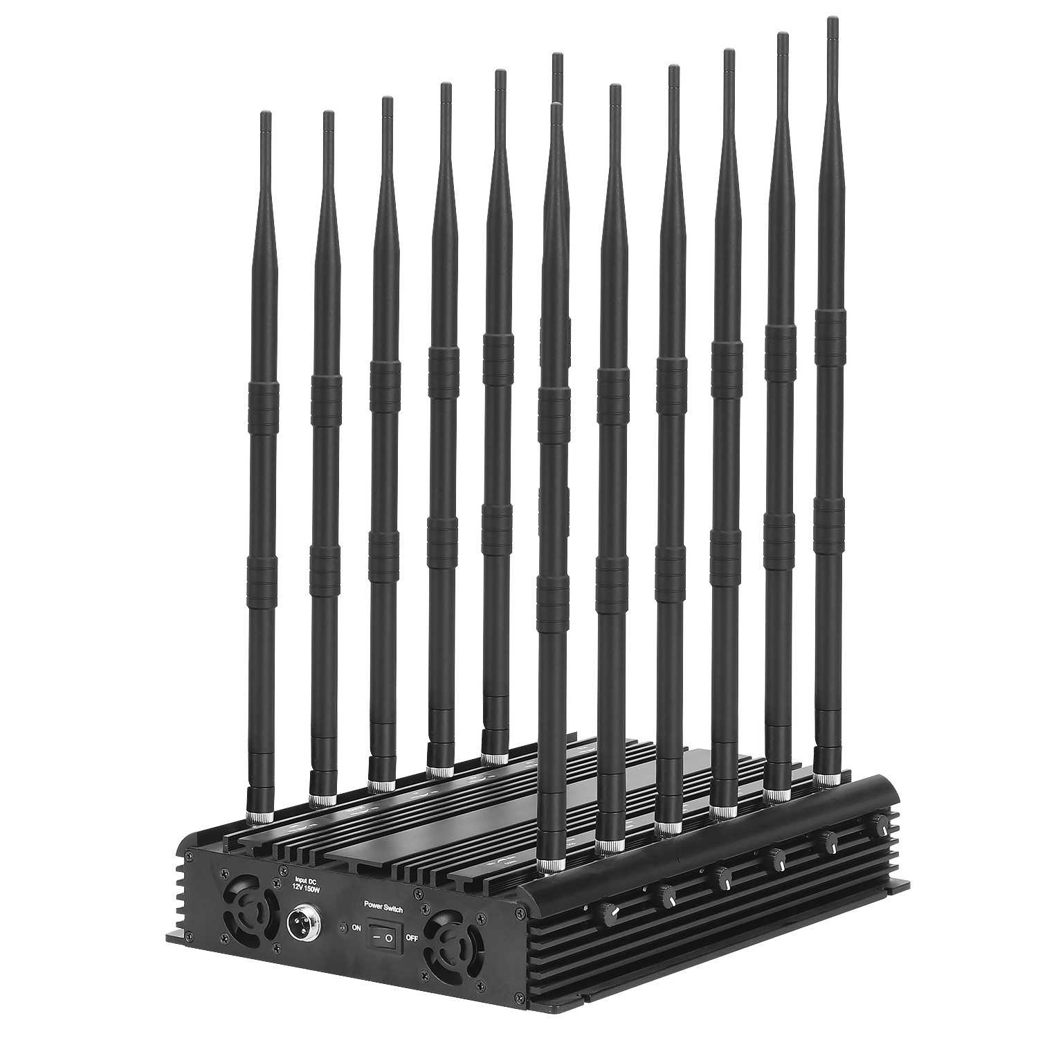 Multifunctional 12 antennas jammer shielding all 2G 3G 4G 5G WIFI GPSL1 LOJACK signals with 70 meters blocking distance