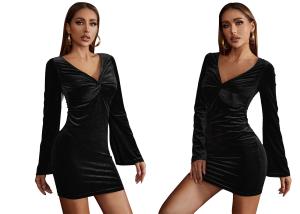 Quality Black Ladies Maxi Dress Velvet Hip Wrap Skirt Flared Sleeves V Neck wholesale