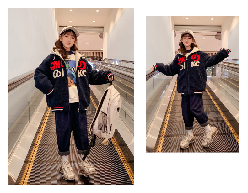 Girls extra thick coat children's clothing hooded embroidered woolen coat lamb cashmere navy blue casual thermal coat