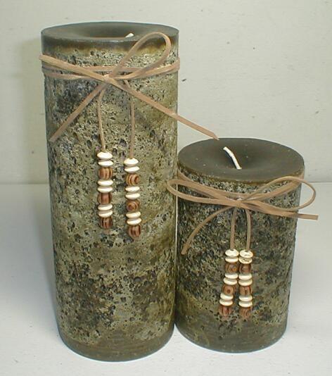 Dark green unscented big paraffin candle tied by hide rope and decor wooden