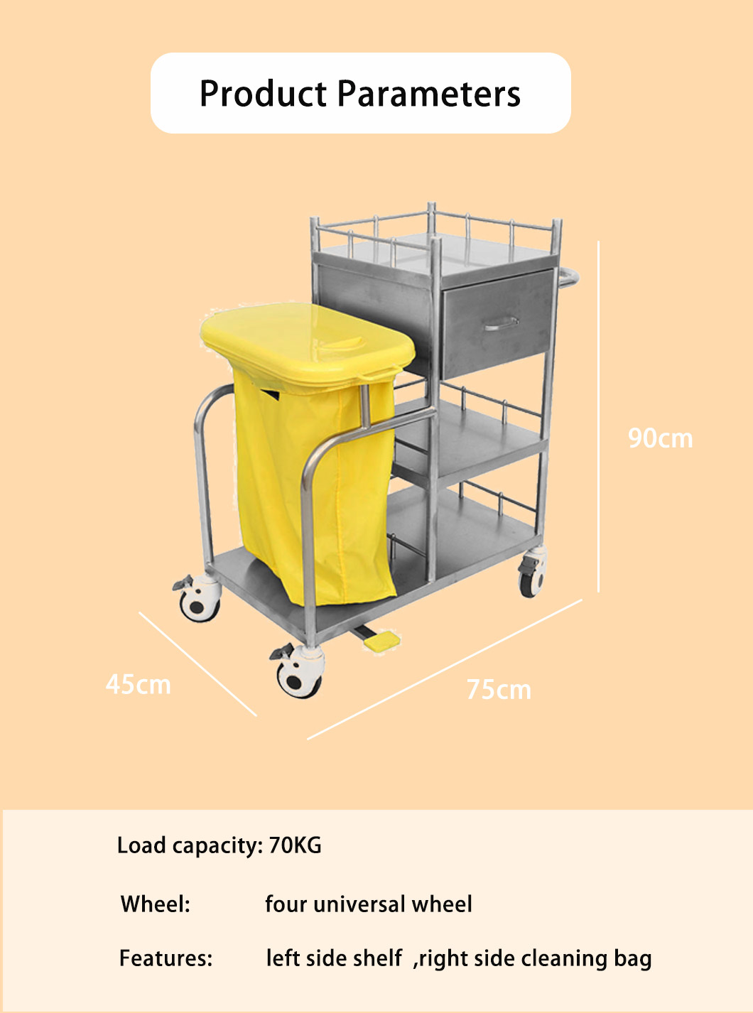 High Capacity Hospital Stainless Steel Trolley With Dirt Bag And Brake Casters Ss Dressing Trolley