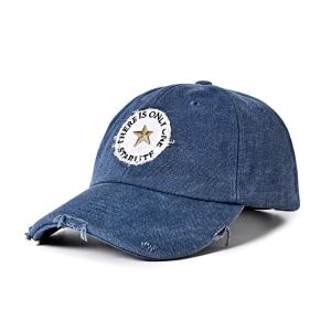 Quality Unisex Distressed Washed Denim Baseball Cap 58cm Embroidered Logo wholesale