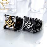Men Freemasonry PVD Antique Silver Signet Ring