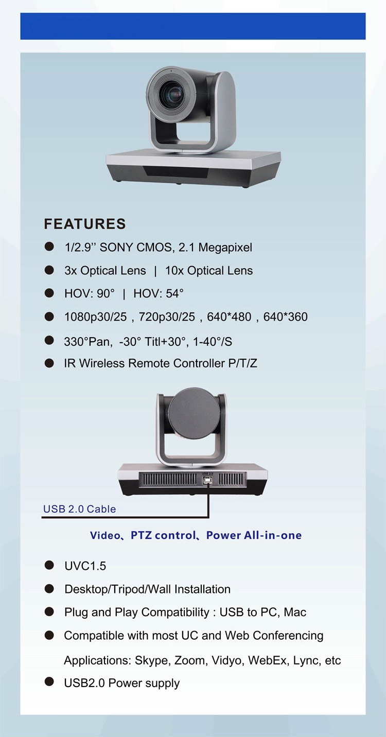 high quality clear 3x or 10x Optics USB PTZ Camera or video camera for conference, education