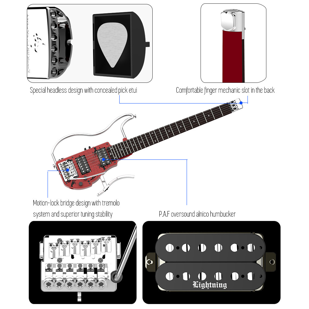 Unique Design Patented Grand Headless Electric Guitar Double Hummbucker Built-in Guitar Effect Ebony Fingerboard and bag