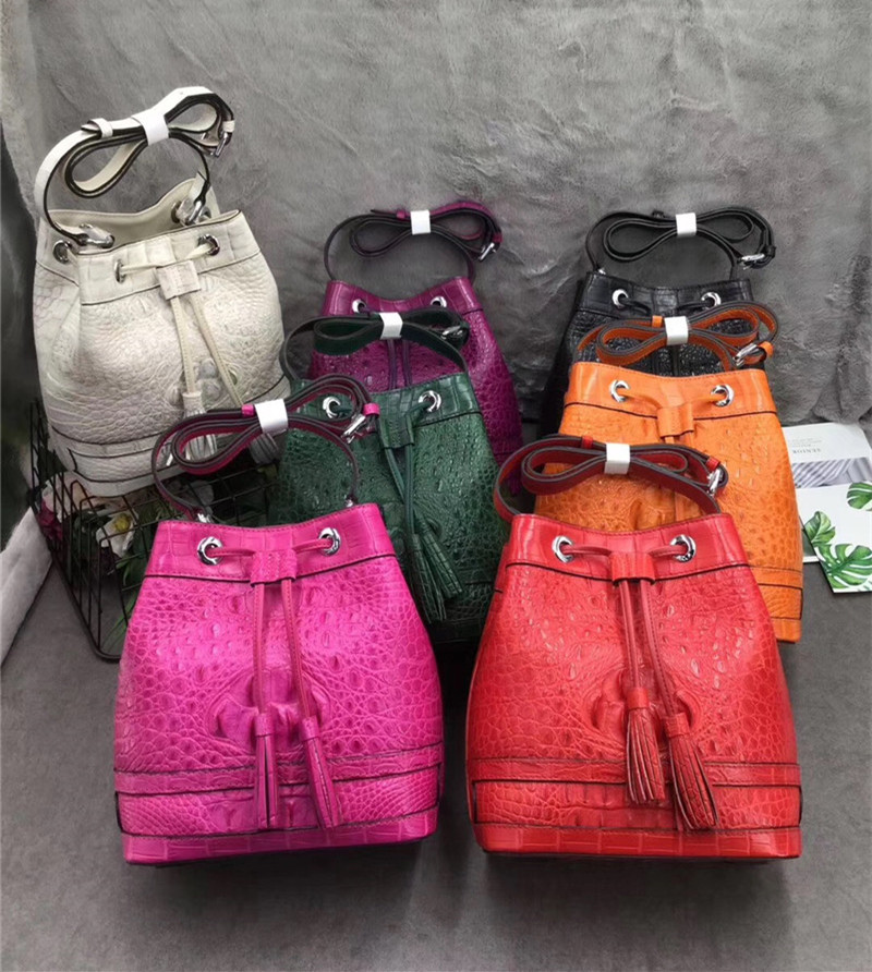 Authentic Crocodile Skin Drawstring Closure Women's Bucket Purse Exotic Alligator Leather Lady Small Tassel Shoulder Bag
