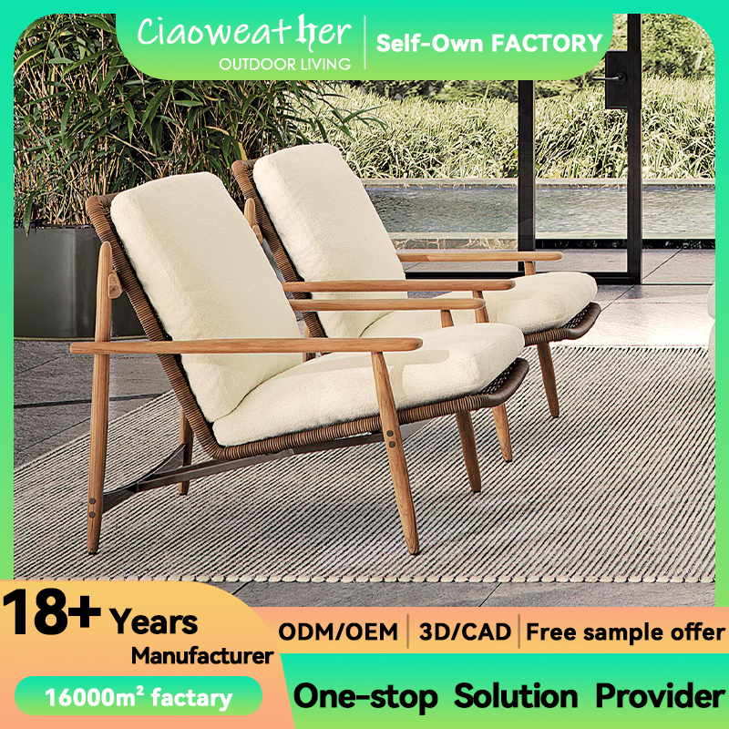 Outdoor Sofa Lounge Chair Made of Solid Teak Wood with Woven Leather Seats and Sunproof Cushion in Customized Color