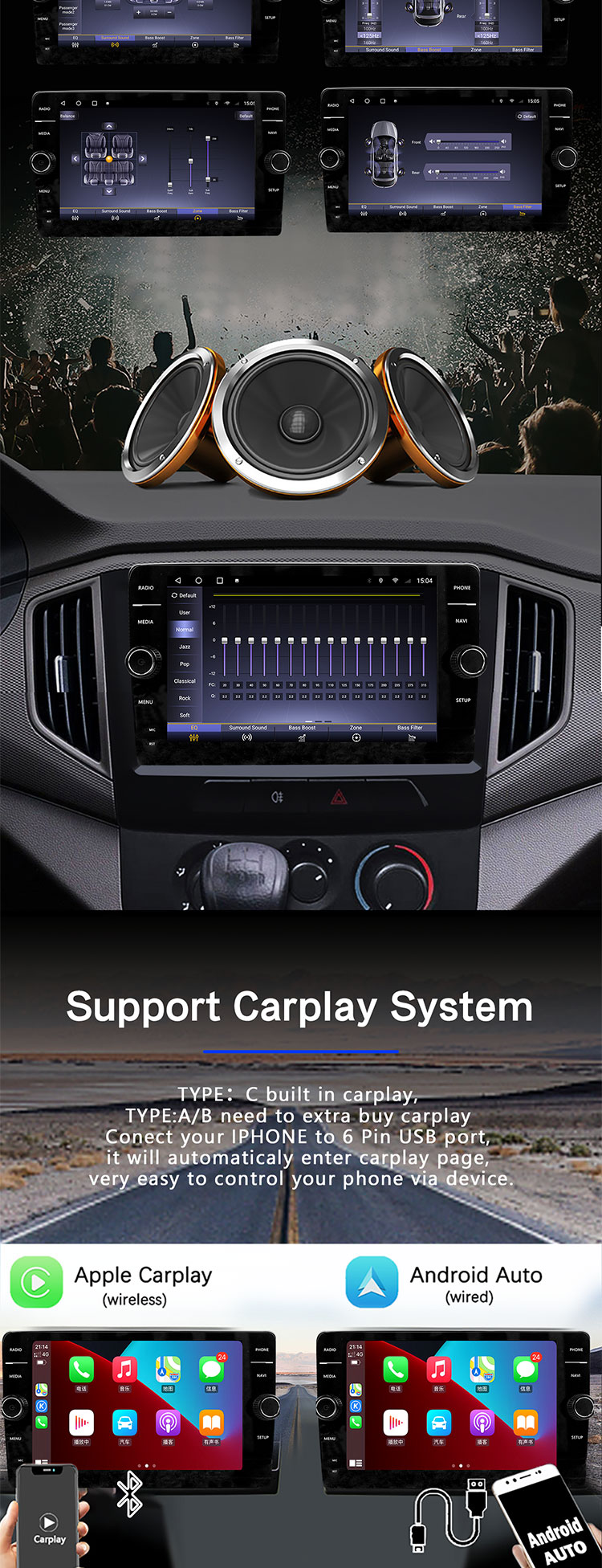 QELD/Knob Player Car Media Player with Full Fit Display Screen and Color Buttom Light