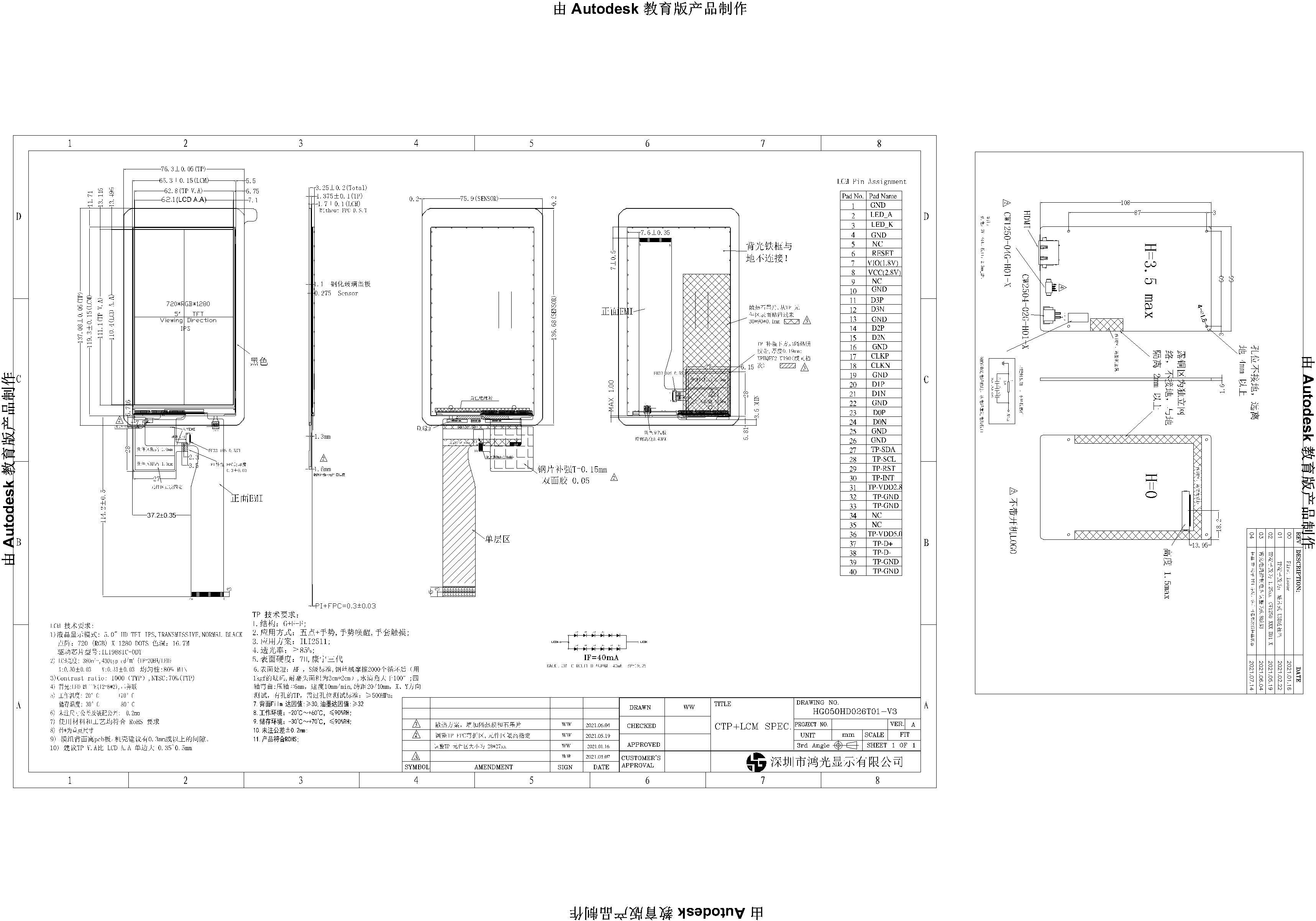 720x1280 Industrial TFT LCD 5 Inch MIPI Interface 40PIN 400cd/m2