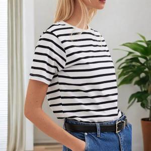 Quality Unisex Striped Short Sleeve Round Neck T-Shirt Woven Technique Plain Dyed Women's Clothing wholesale