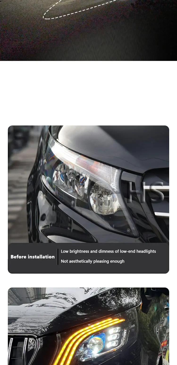 Headlight Assembly For Mercedes Benz VITO V Class 2016-2020 Retrofit Maybach DRL LED Light Yellow Flow Turn V260