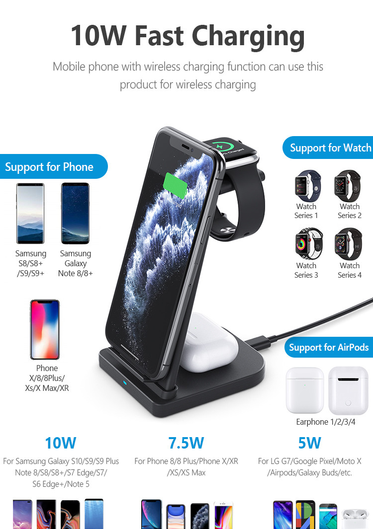 7.5w QI Enabled 3 In 1 Wireless Charging Station