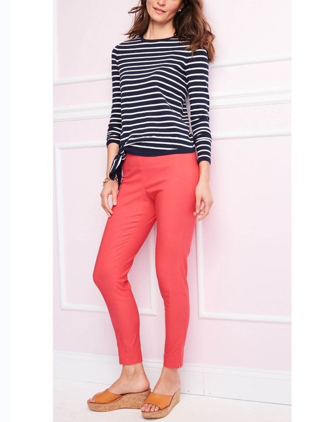 WOMEN'S 54% COTTON/44% MODAL/2% SPANDEX PULLOVER KNITTED STRIPE SWEATER WITH TIE FRONT